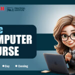 Advertisement for a Basic Computer Course at Tough Interactive Learning Institute featuring a cheerful animated woman with glasses working on a laptop.
