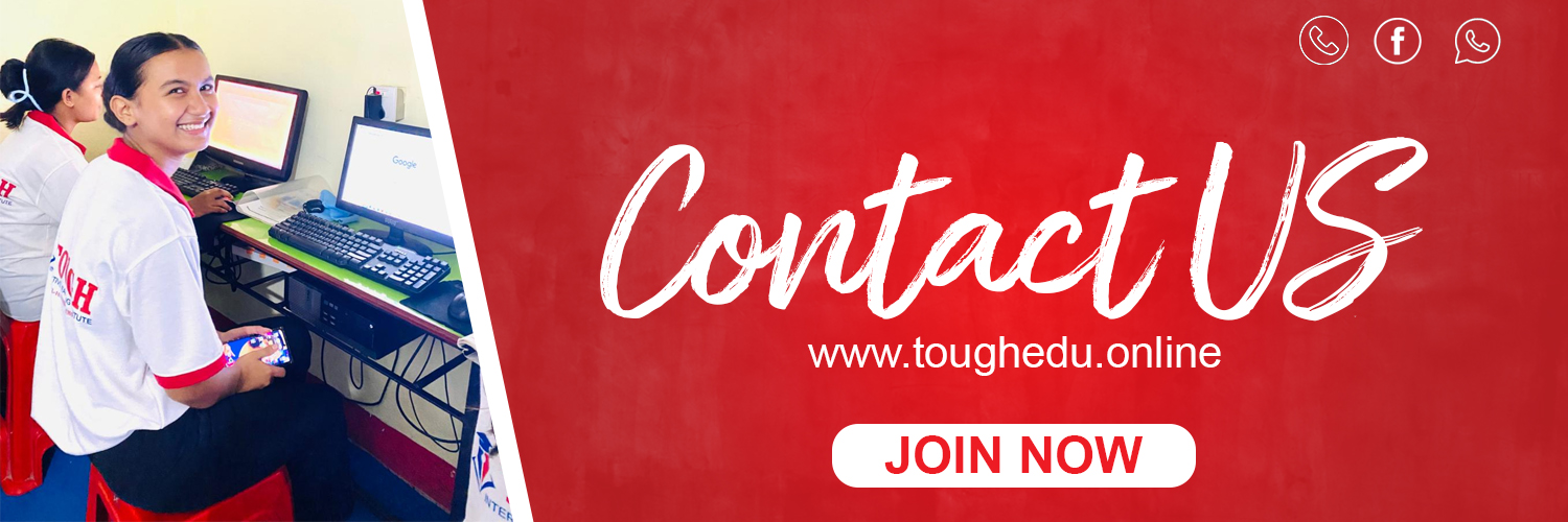 Contact us banner with a red background, featuring a person working at a desk, and the website www.toughedu.online.